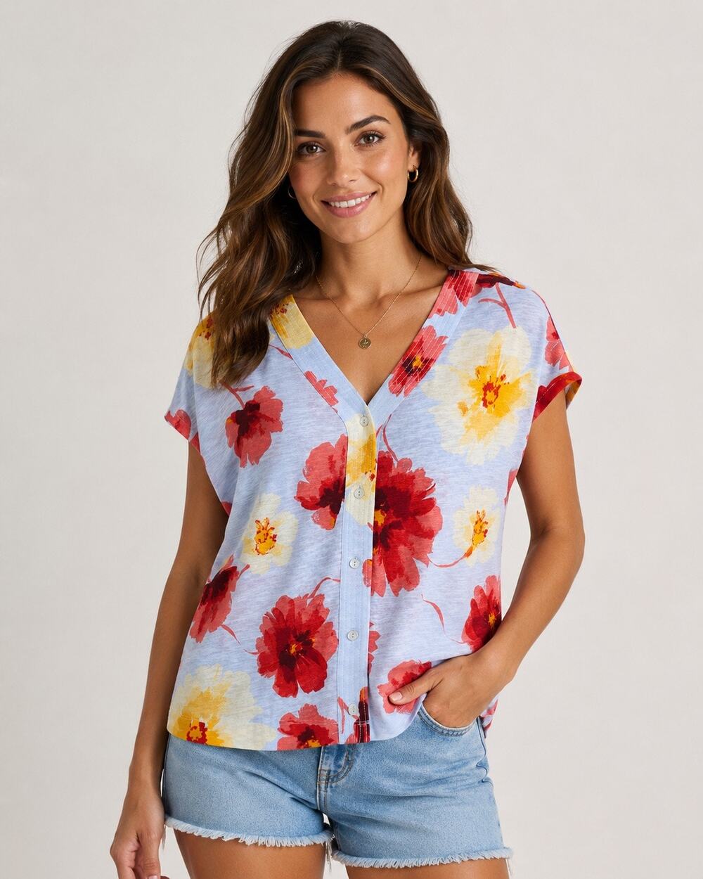 Women’s Floral Button Front Blouse Top Joie S Blue Red Yellow Short Sleeve NWT